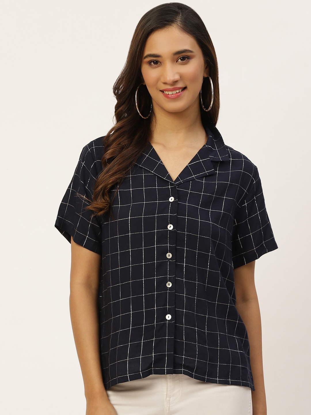 

DressBerry Women Sustainable EcoVero Navy Blue & Silver-Toned Regular Fit Checked Casual Shirt