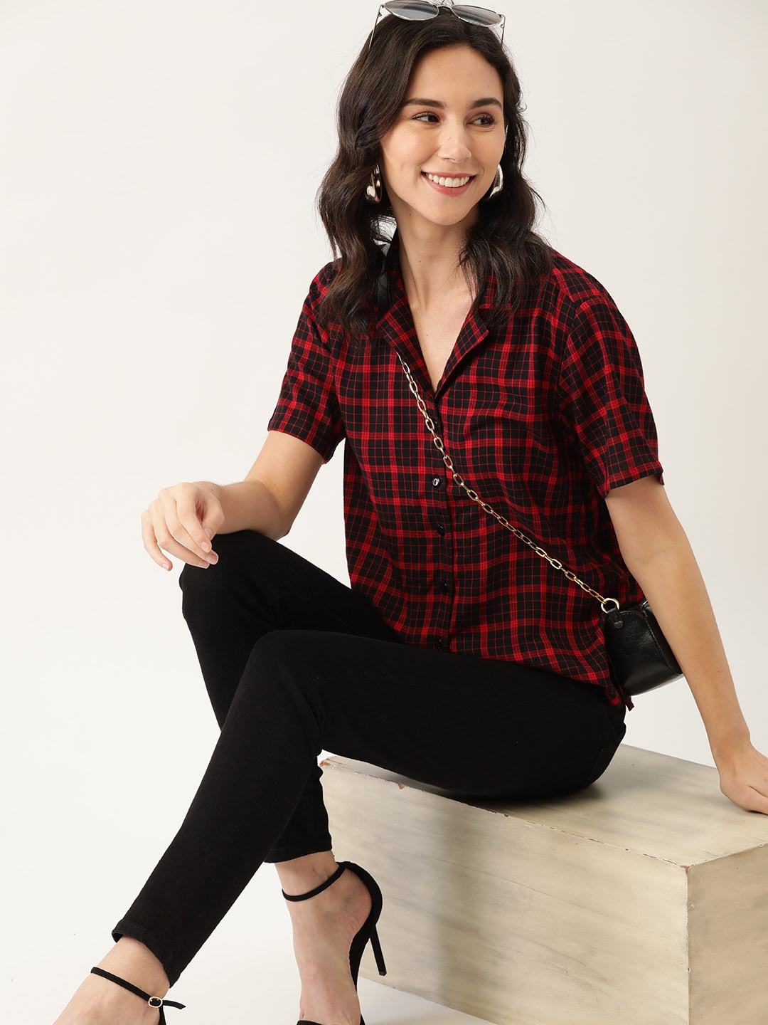 

DressBerry Women Black & Red Tartan Checked EcoVero Sustainable Shirt