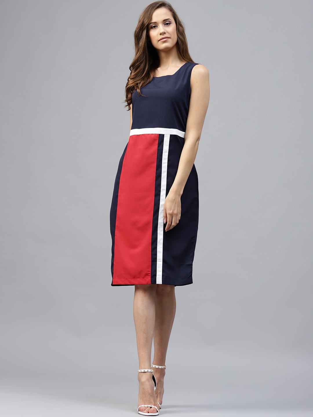 

Tokyo Talkies Navy Blue & Red Colourblocked Sheath Dress