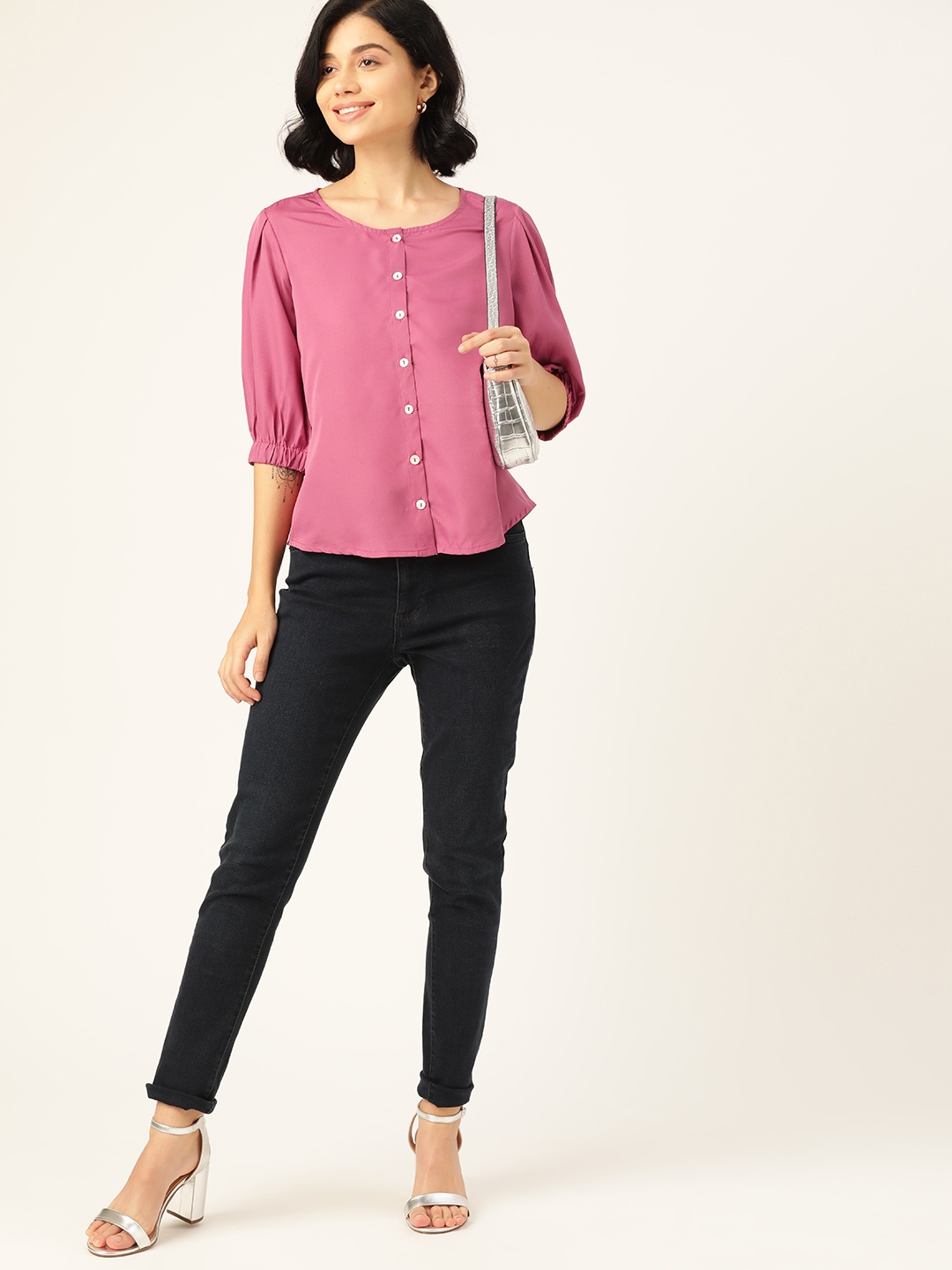 

Dressberry Pink Puff Sleeves Regular Top