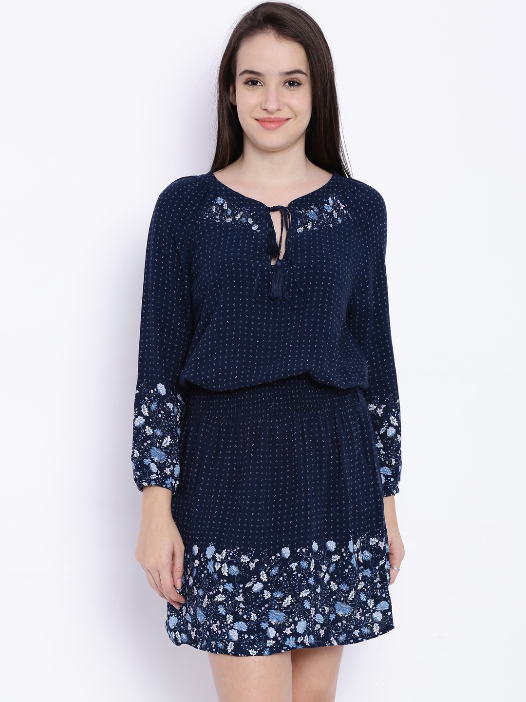 

Tokyo Talkies Navy Printed Blouson Dress, Navy blue