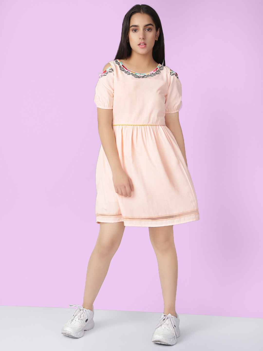 

Naughty Ninos Girls Peach-Coloured Solid Fit and Flare Dress