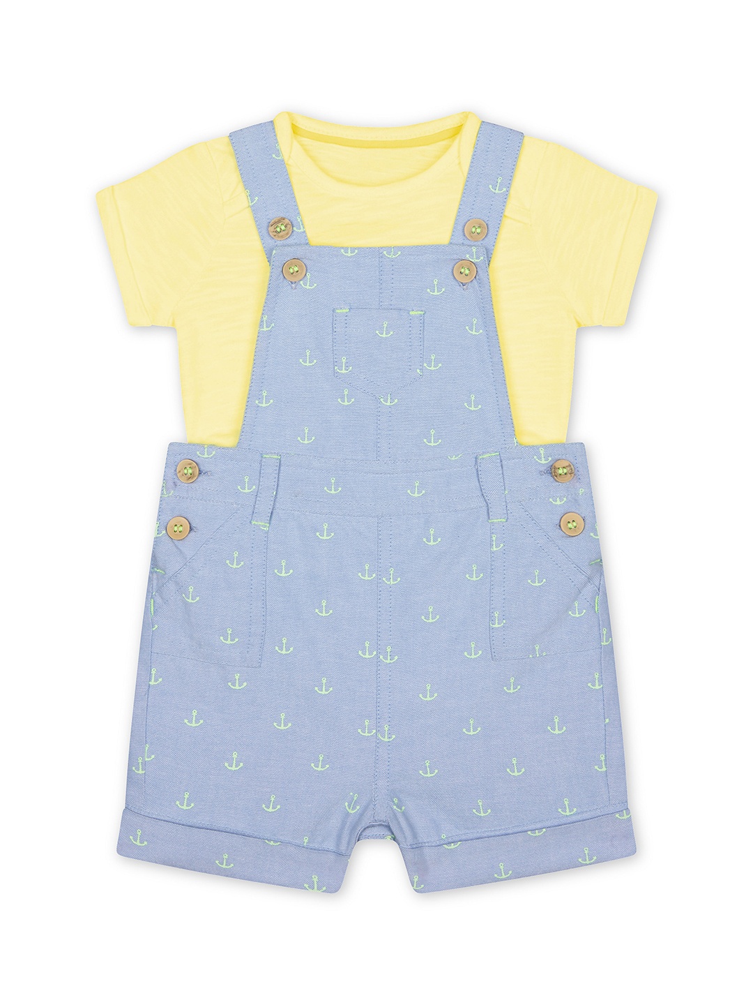 

mothercare Infant Boy Blue & Yellow Pure Cotton Anchor Print Dungarees with T-shirt