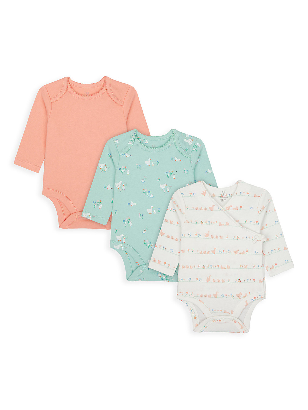 

mothercare Infant Girls Set of 3 Pure Cotton Bodysuits in White, Mint Green & Orange