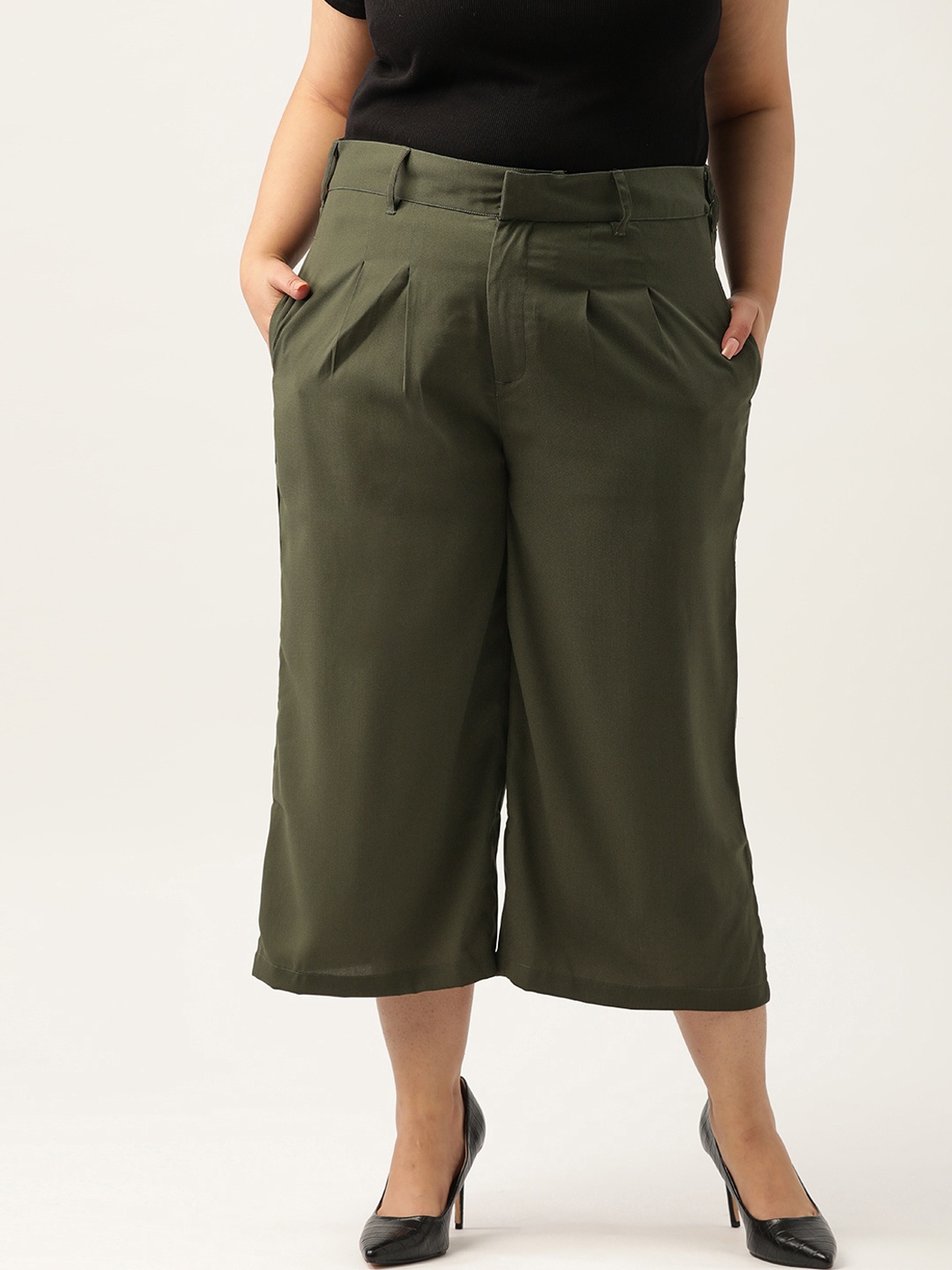 

Sztori Women Plus Size Olive Green Solid Regular Fit Culottes