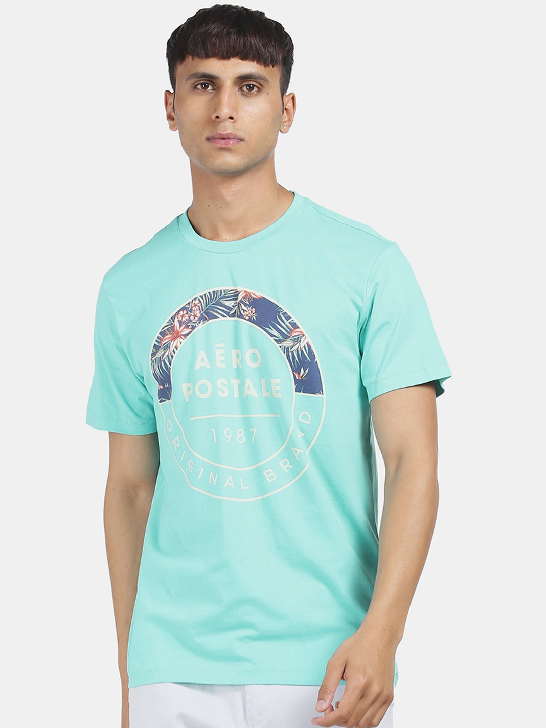 

Aeropostale Men Turquoise Blue Printed Round Neck T-shirt