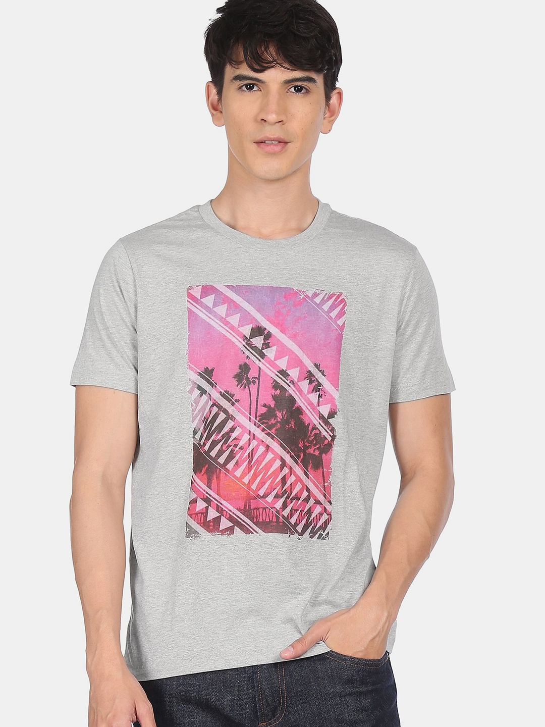 

Aeropostale Men Grey Melange & Pink Printed Round Neck T-shirt