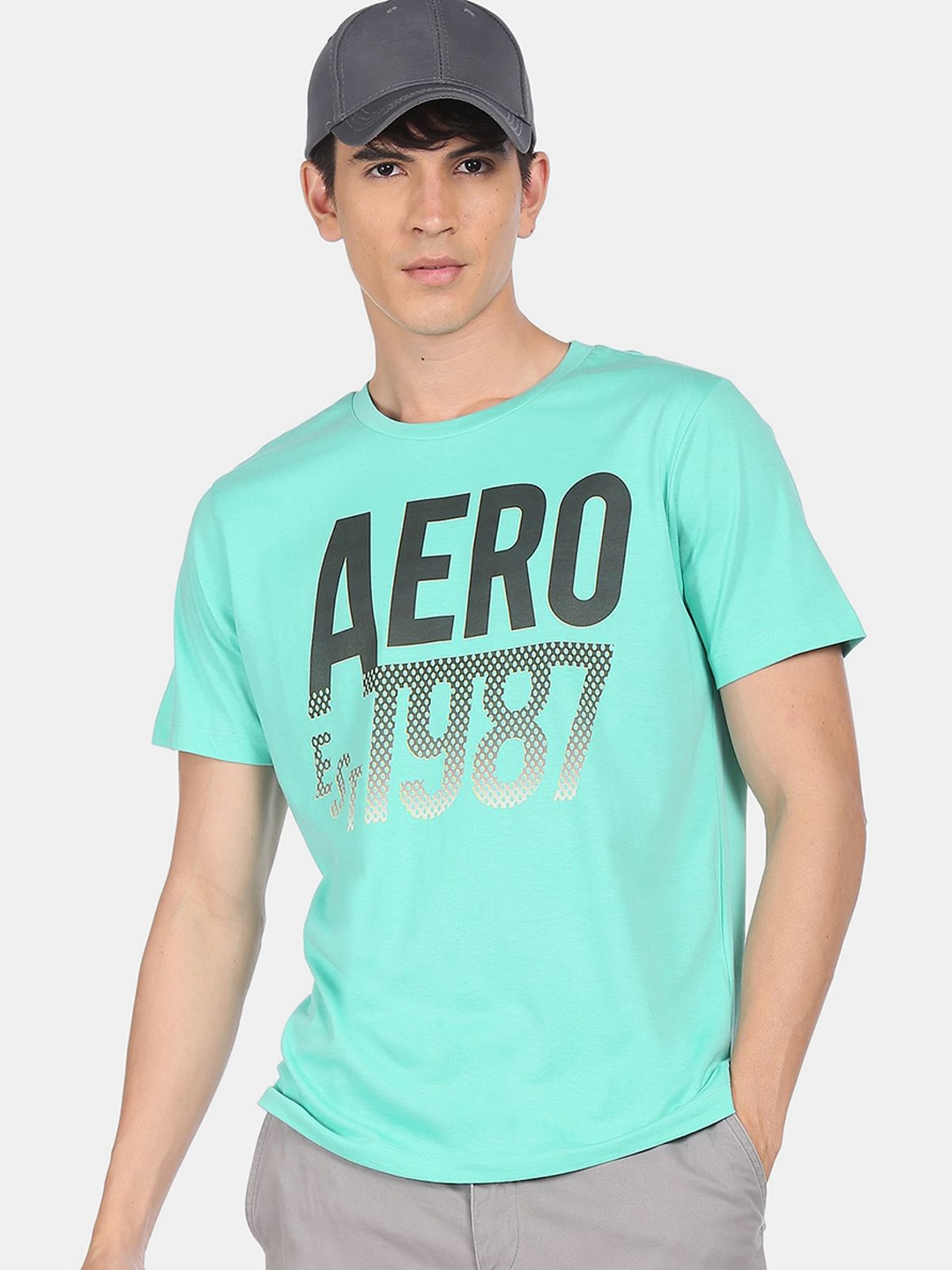 

Aeropostale Men Blue Printed Round Neck Cotton Pure Cotton T-shirt
