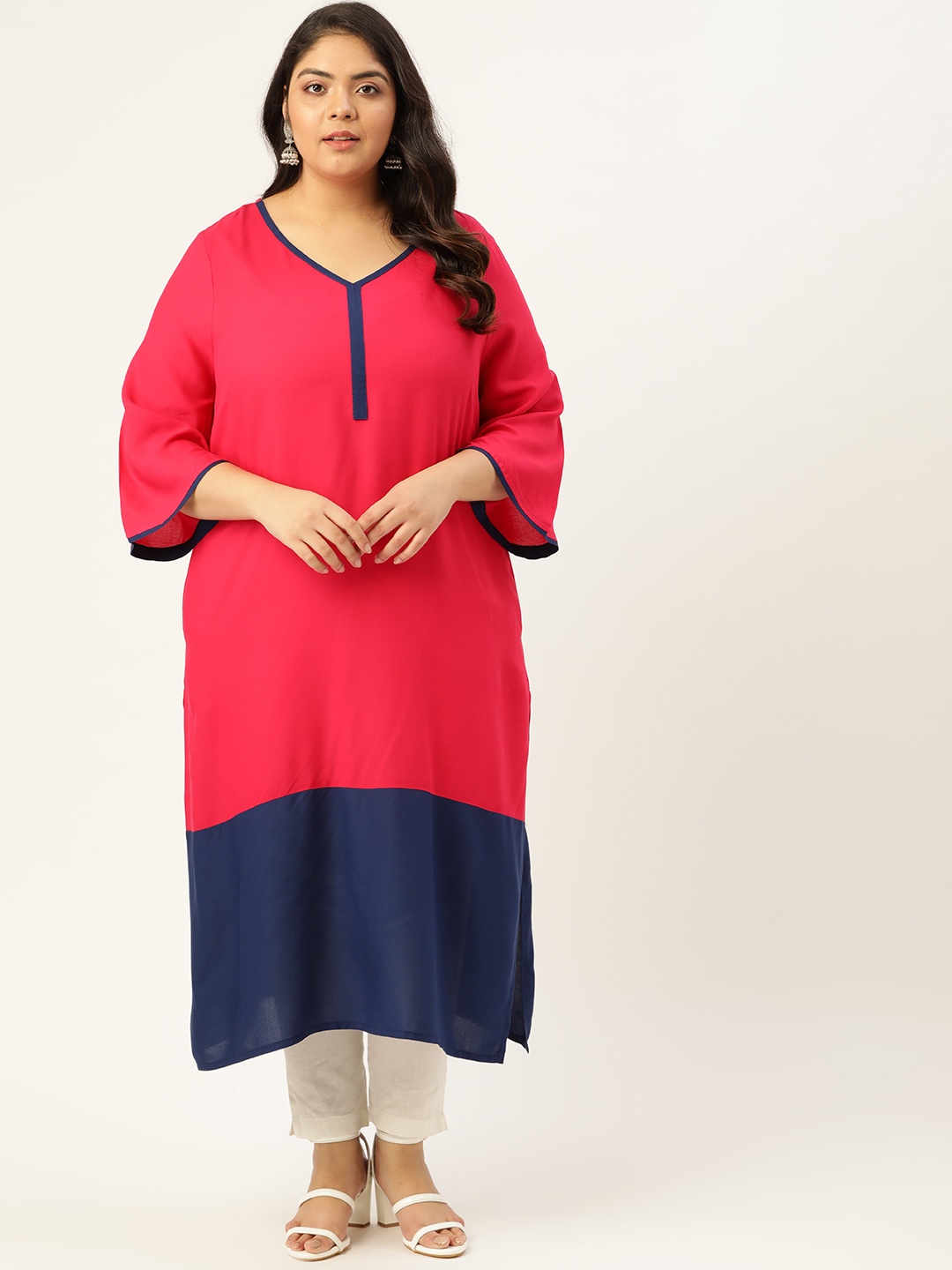 

Sztori Plus Size Women Pink & Navy Blue Colourblocked Kurta