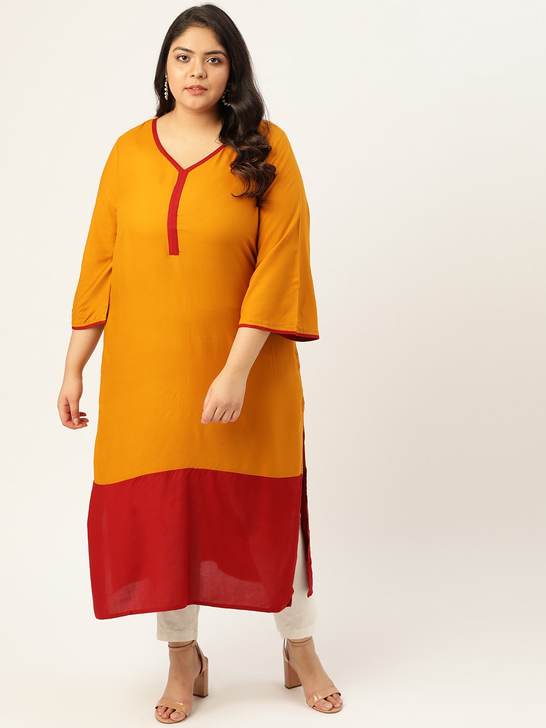

Sztori Women Plus Size Mustard & Maroon Colourblocked Flared Sleeves Kurta