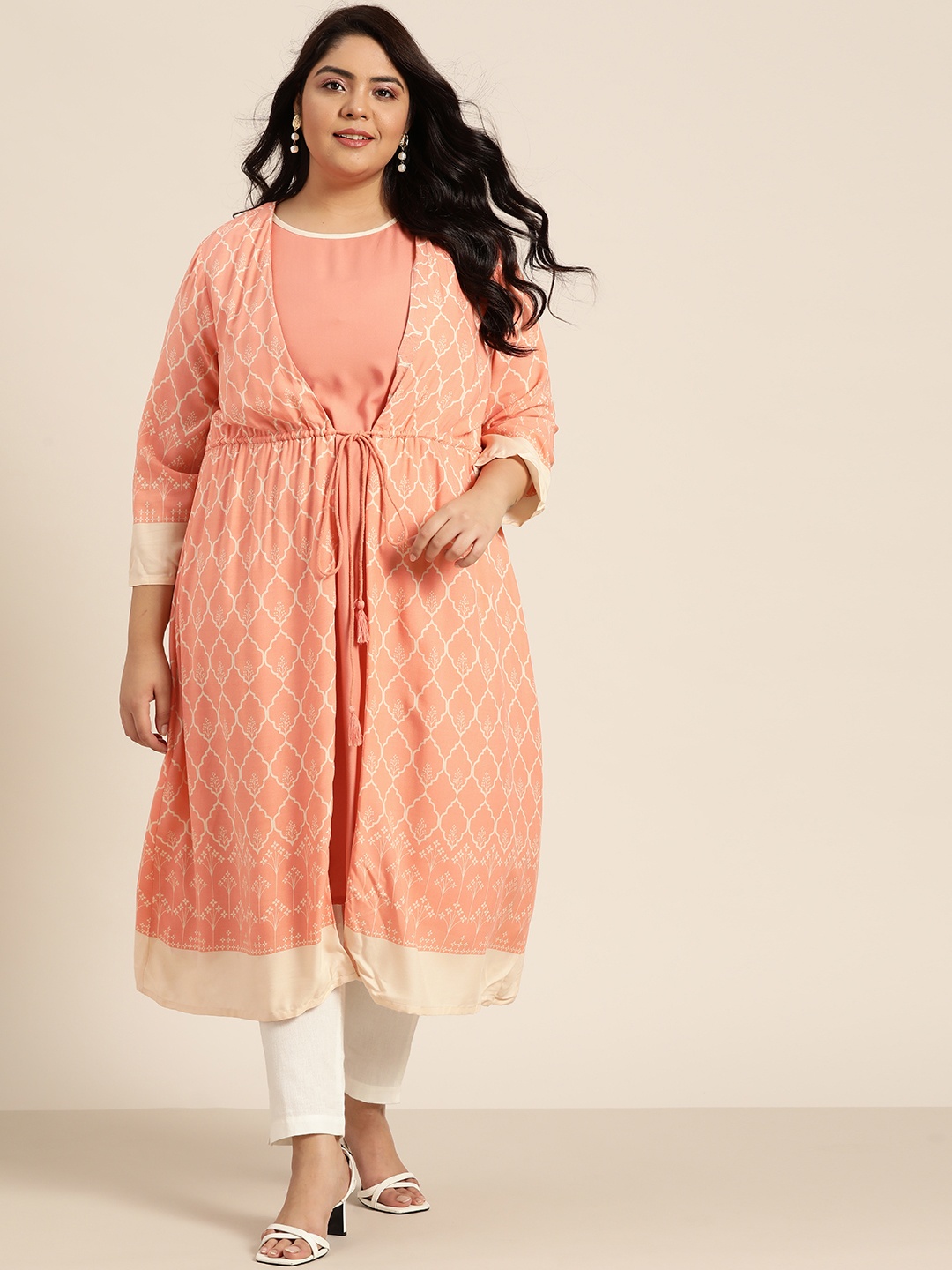 

Sztori Women Plus Size Peach-Coloured & Off White Ethnic Motifs Printed Layered Kurta