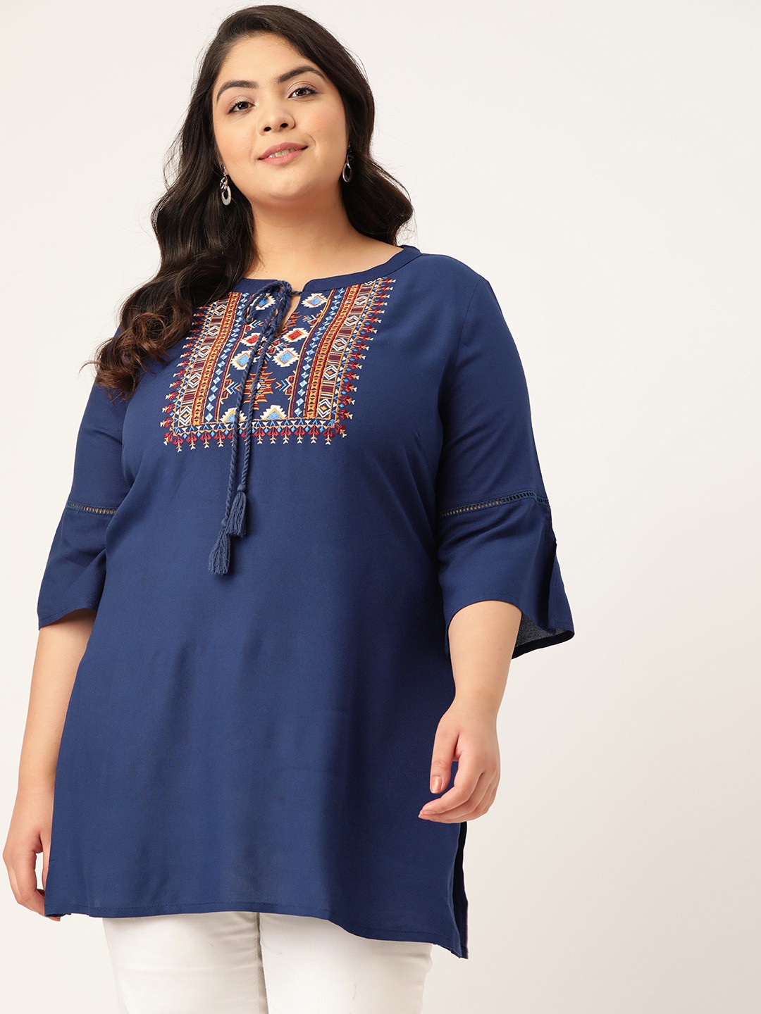 

Sztori Women Plus Size Navy Blue & White Embroidered Yoke Design Kurti