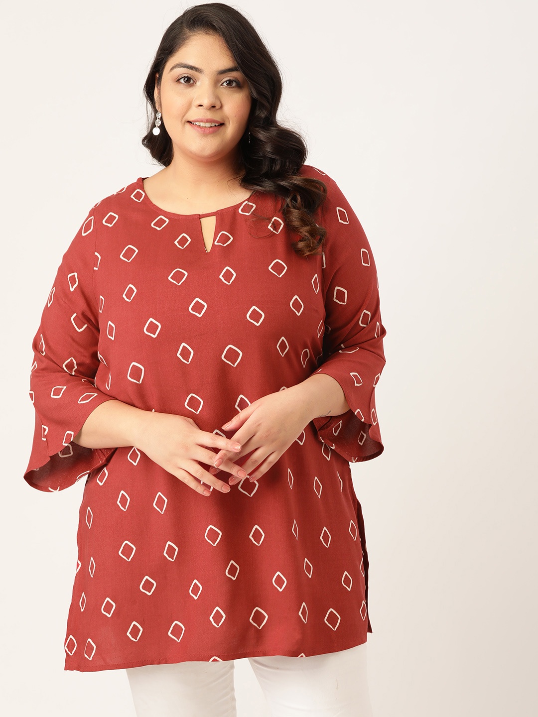 

Sztori Maroon & White Plus Size Geometric Printed Flared Sleeves Short Kurti