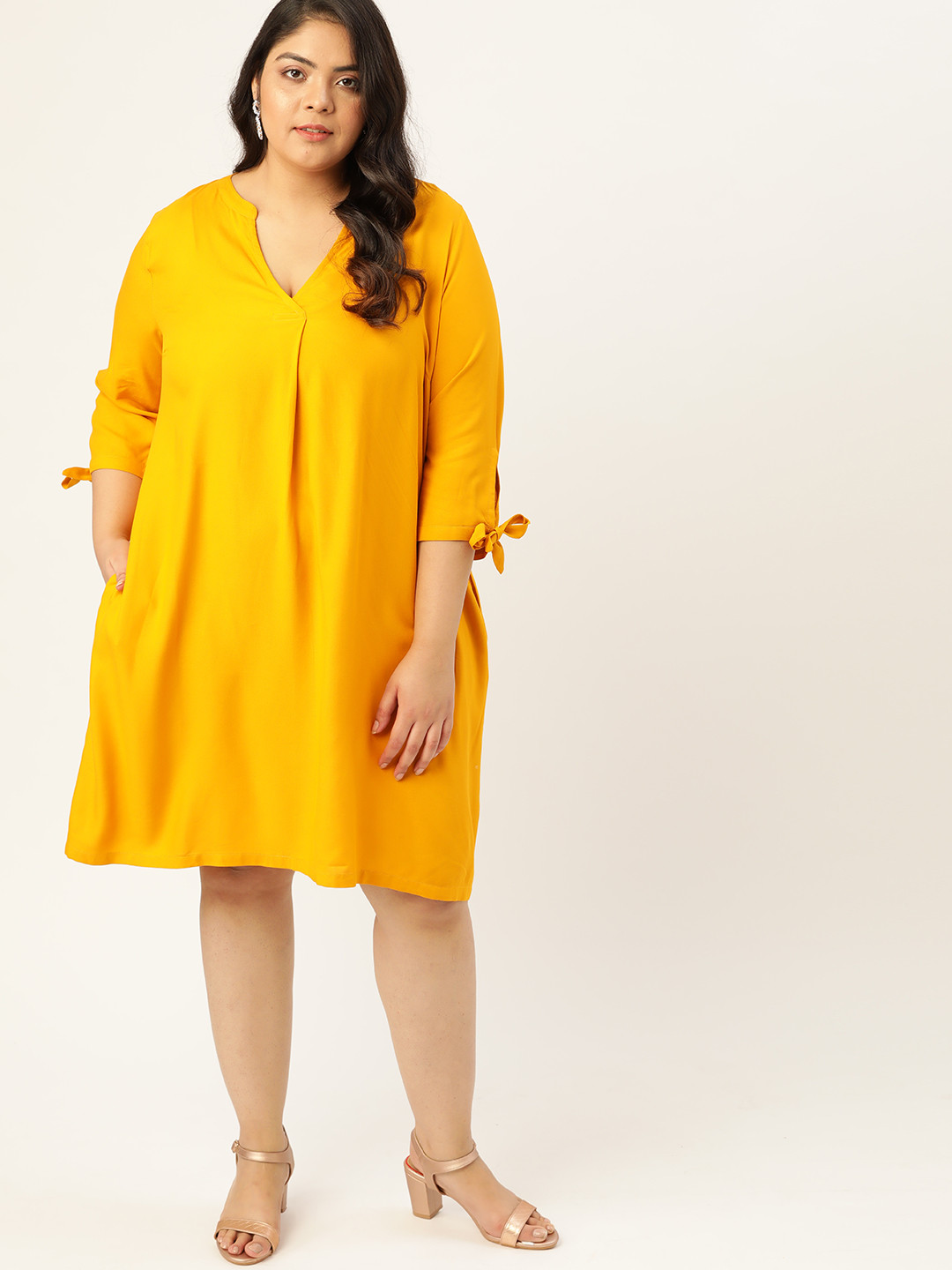 

Sztori Women Plus Size Mustard Yellow Solid Tie Up Sleeves Shift Dress