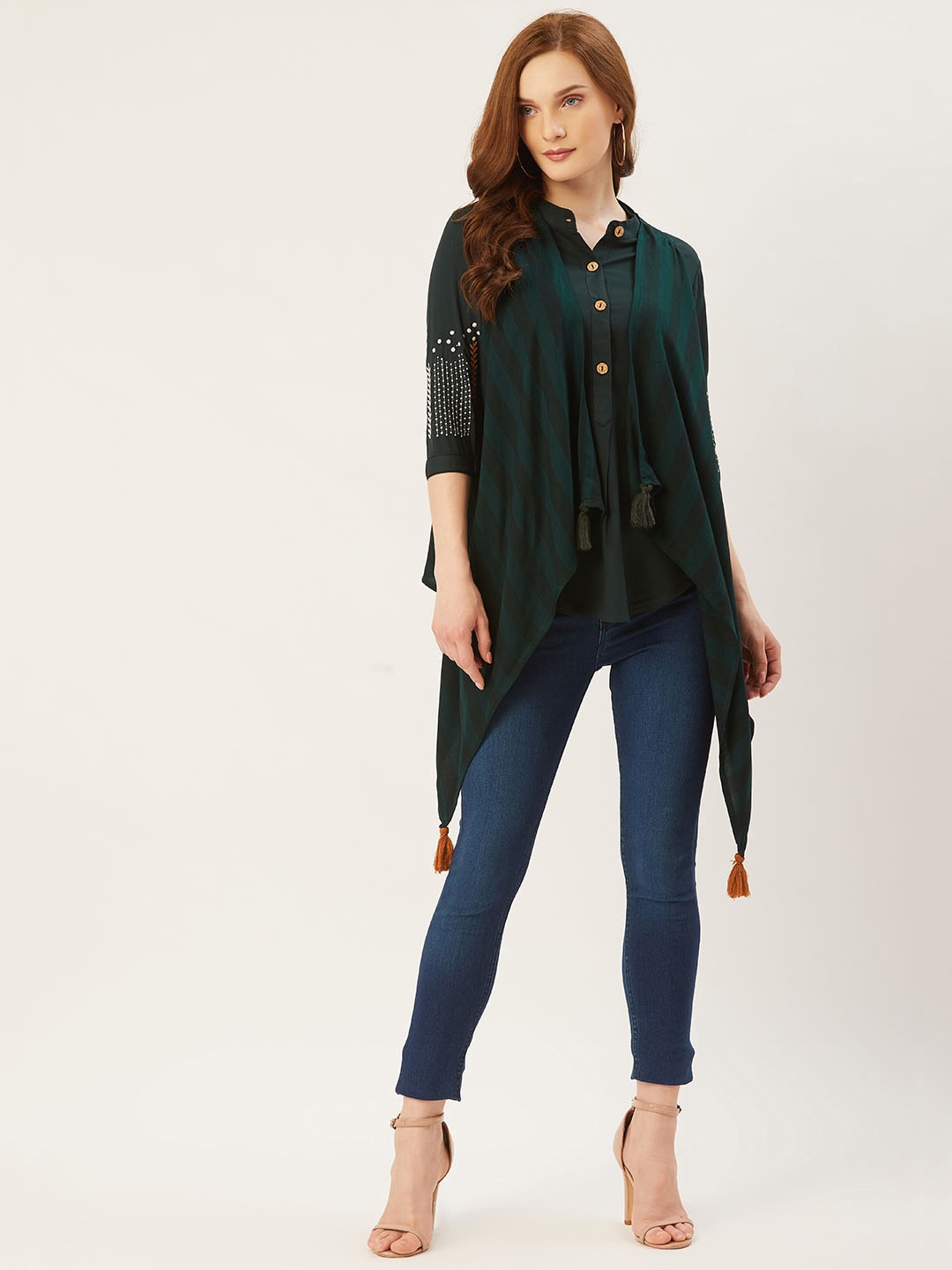 

Monte Carlo Women Green Striped Open Front Shrug