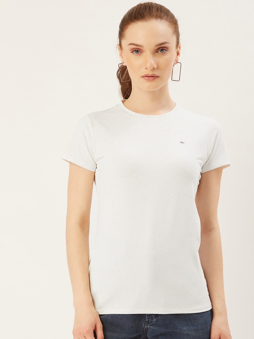

Monte Carlo Women White Self Design Round Neck T-shirt