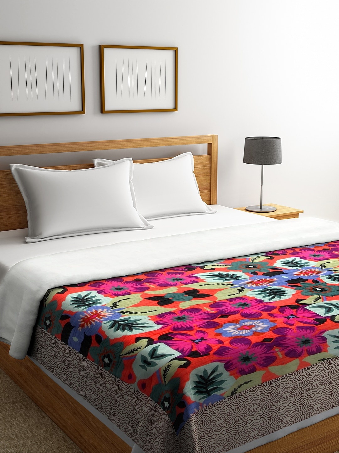 

REME Pink & Blue Floral AC Room 150 GSM Organic Cotton Double Bed Quilt