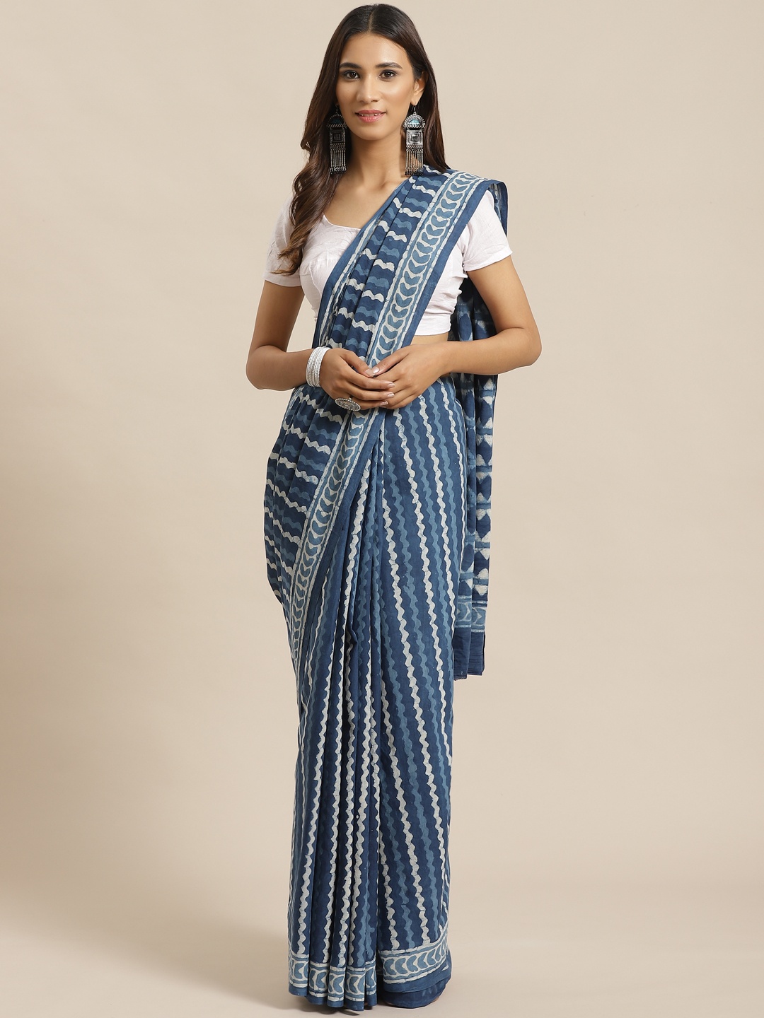 

Libas Blue & White Pure Cotton Striped Saree