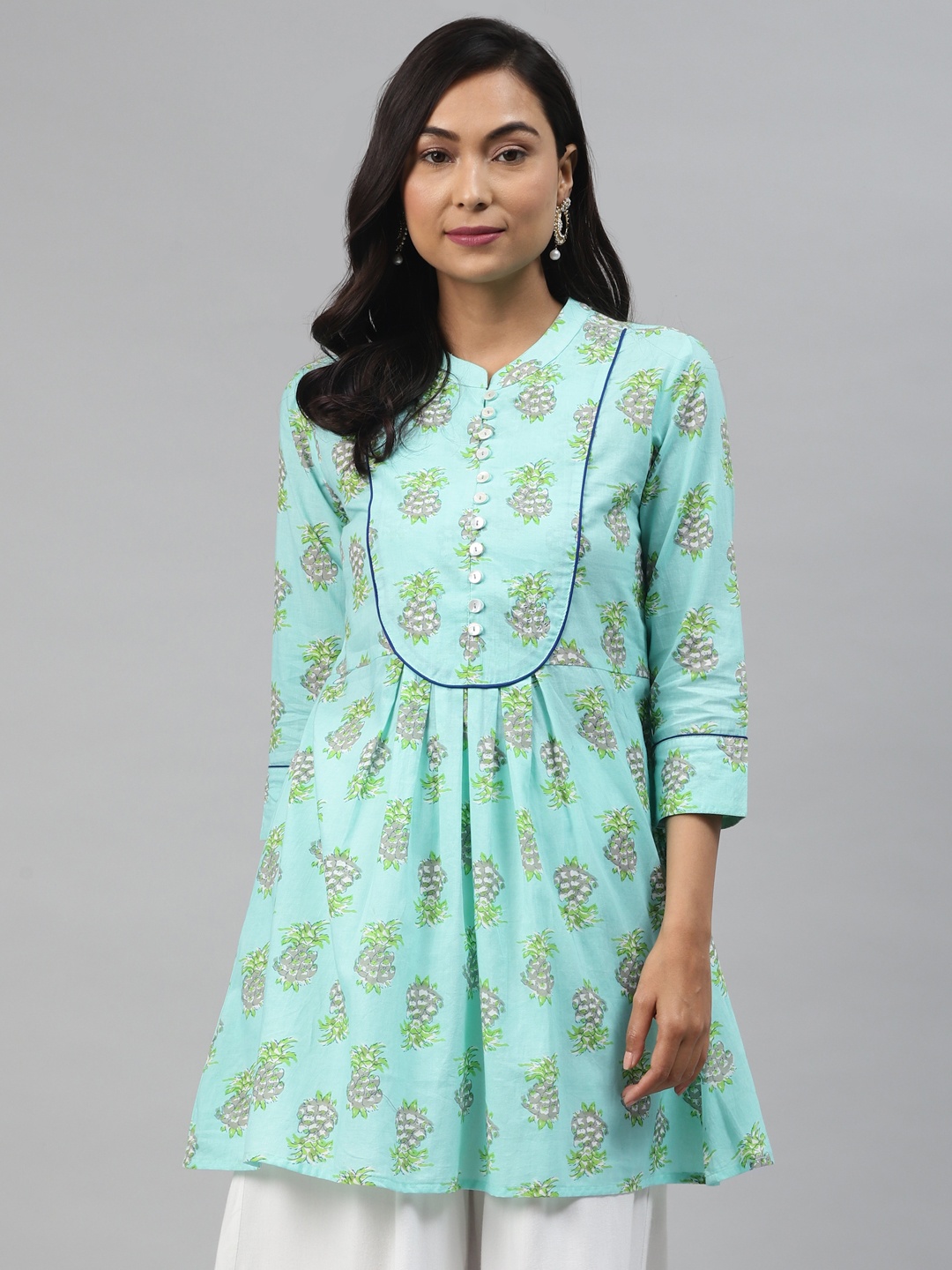 

Rain & Rainbow Women Blue & Green Cotton Printed A-Line Tunic