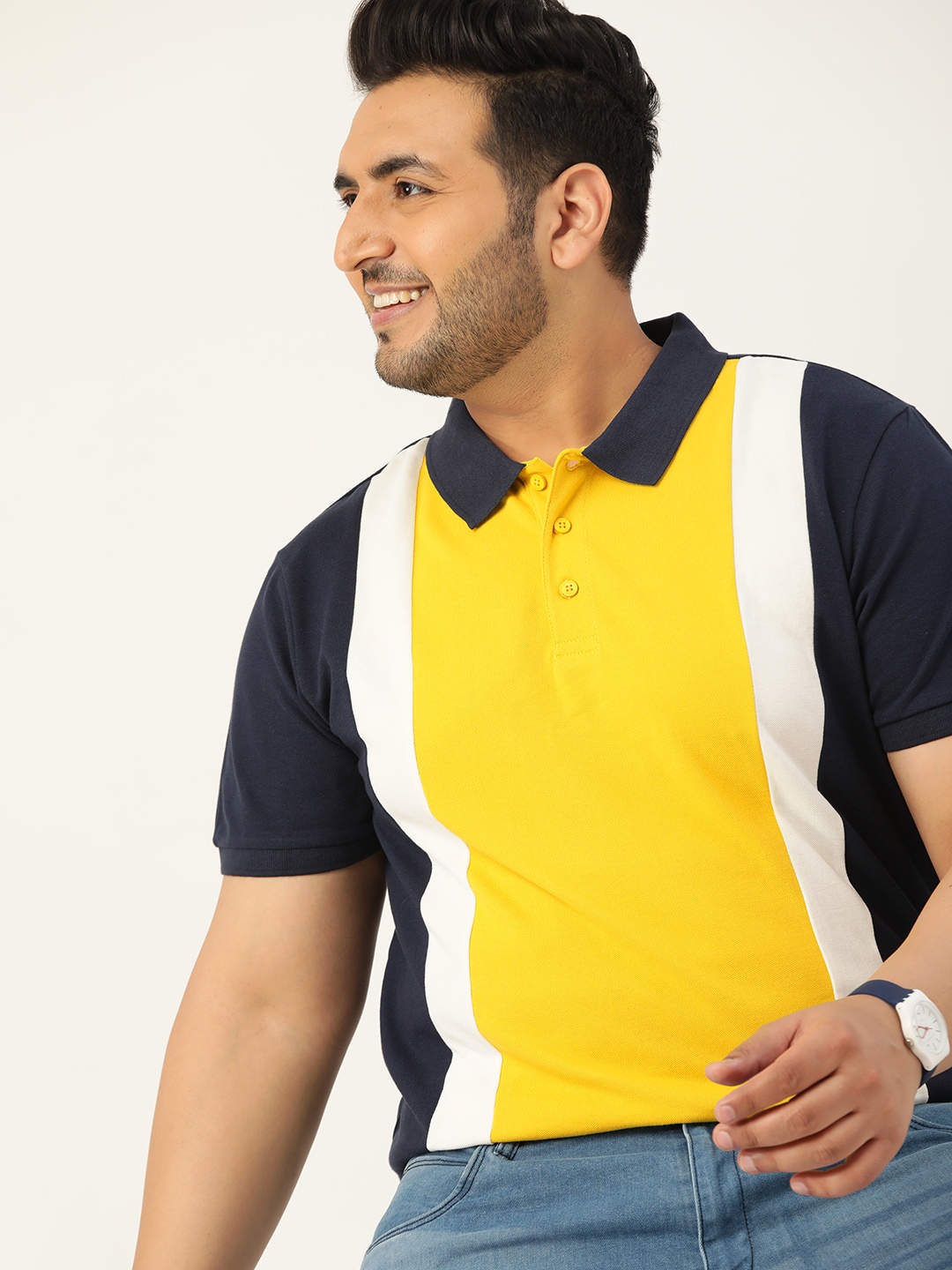 

Sztori Men Plus Size Yellow & Navy Blue Pure Cotton Colourblocked Polo Collar T-shirt