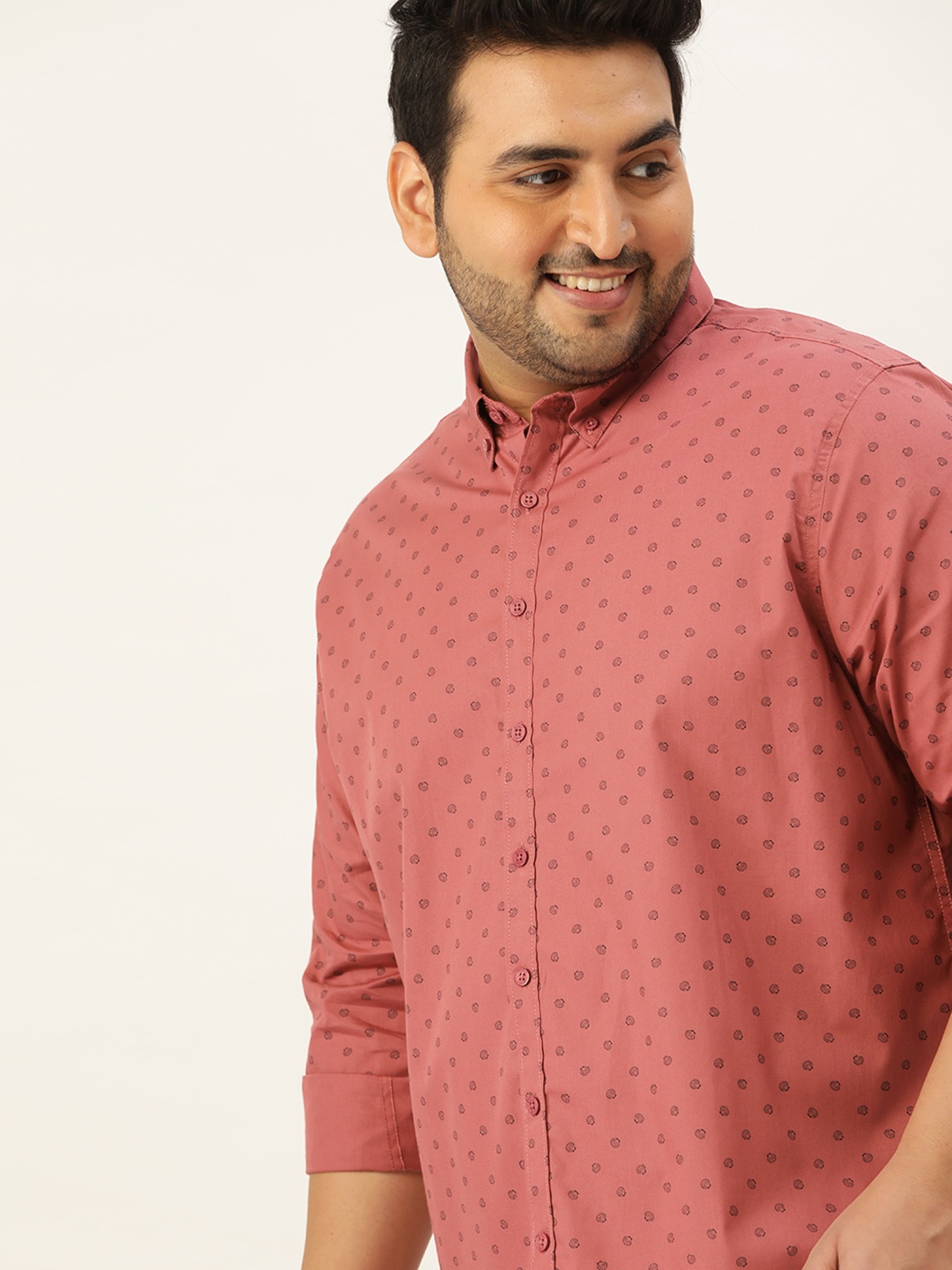 

Sztori Men Plus Size Peach-Coloured & Navy Blue Printed Cotton Casual Shirt