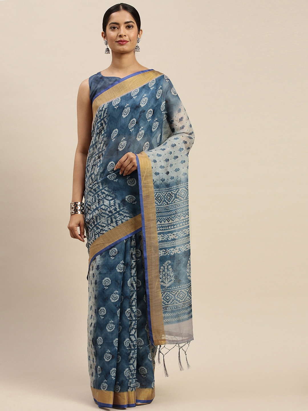 

Saree mall Blue & Off-White Printed Bagru Saree