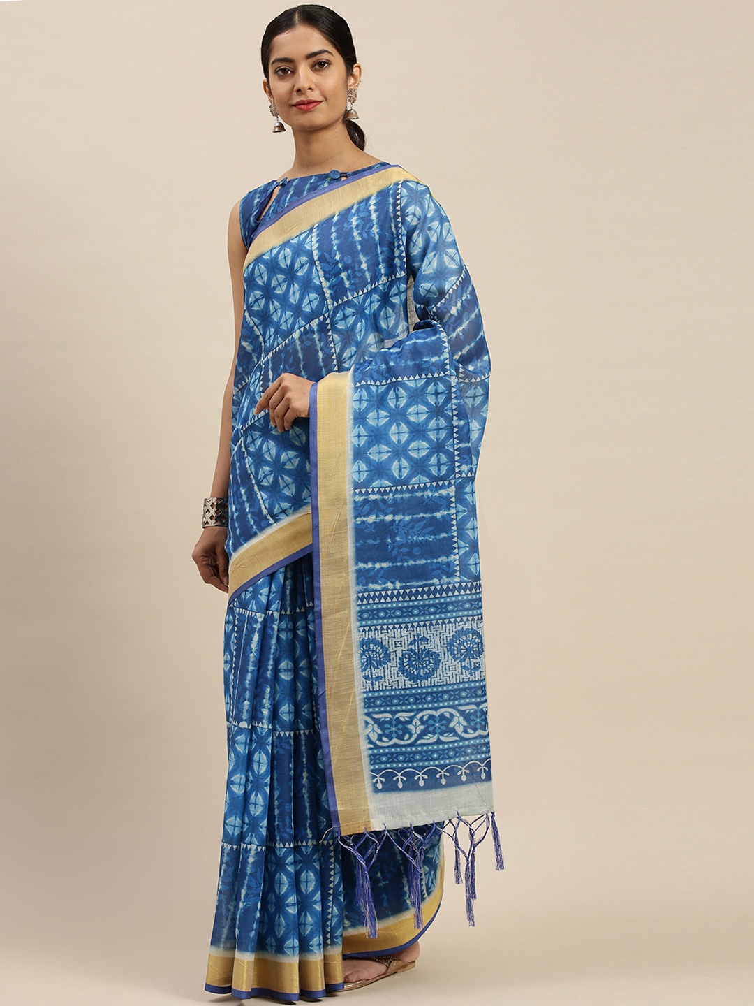 

Saree mall Blue & White Printed Block Print Saree