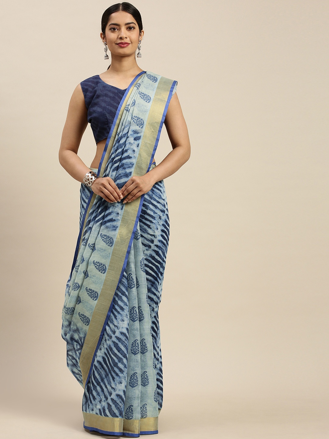 

Saree mall Blue Ethnic Motifs Print & Tie and Dye Patterned Bagru Saree