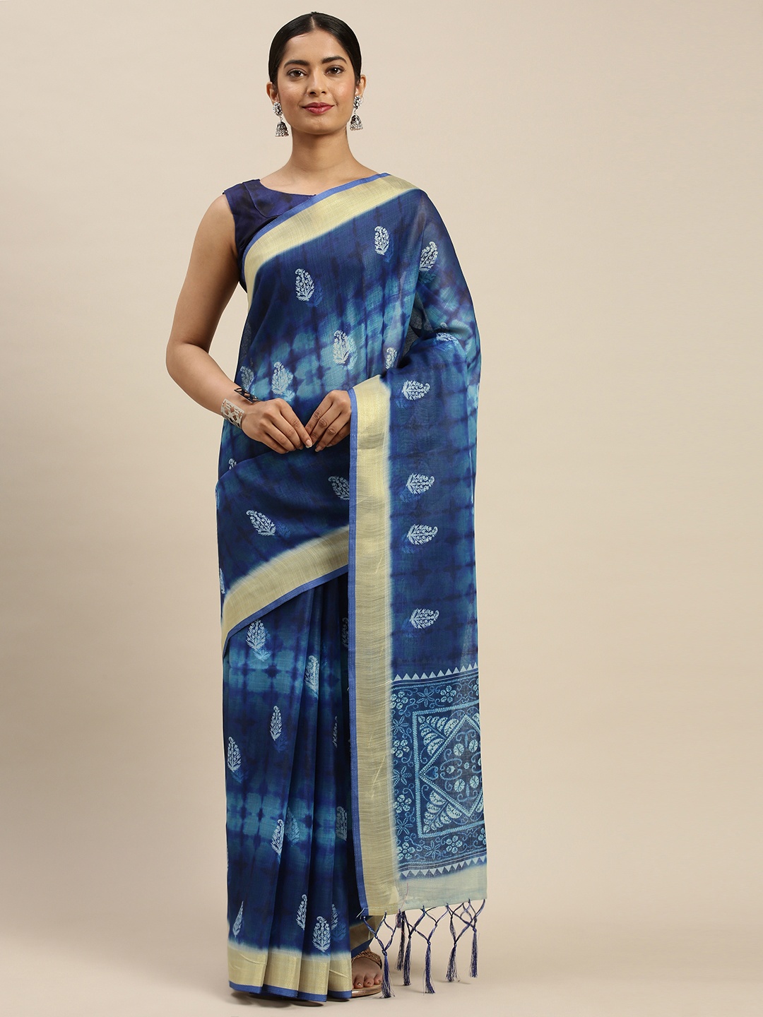 

Saree mall Blue & White Printed Bagru Saree