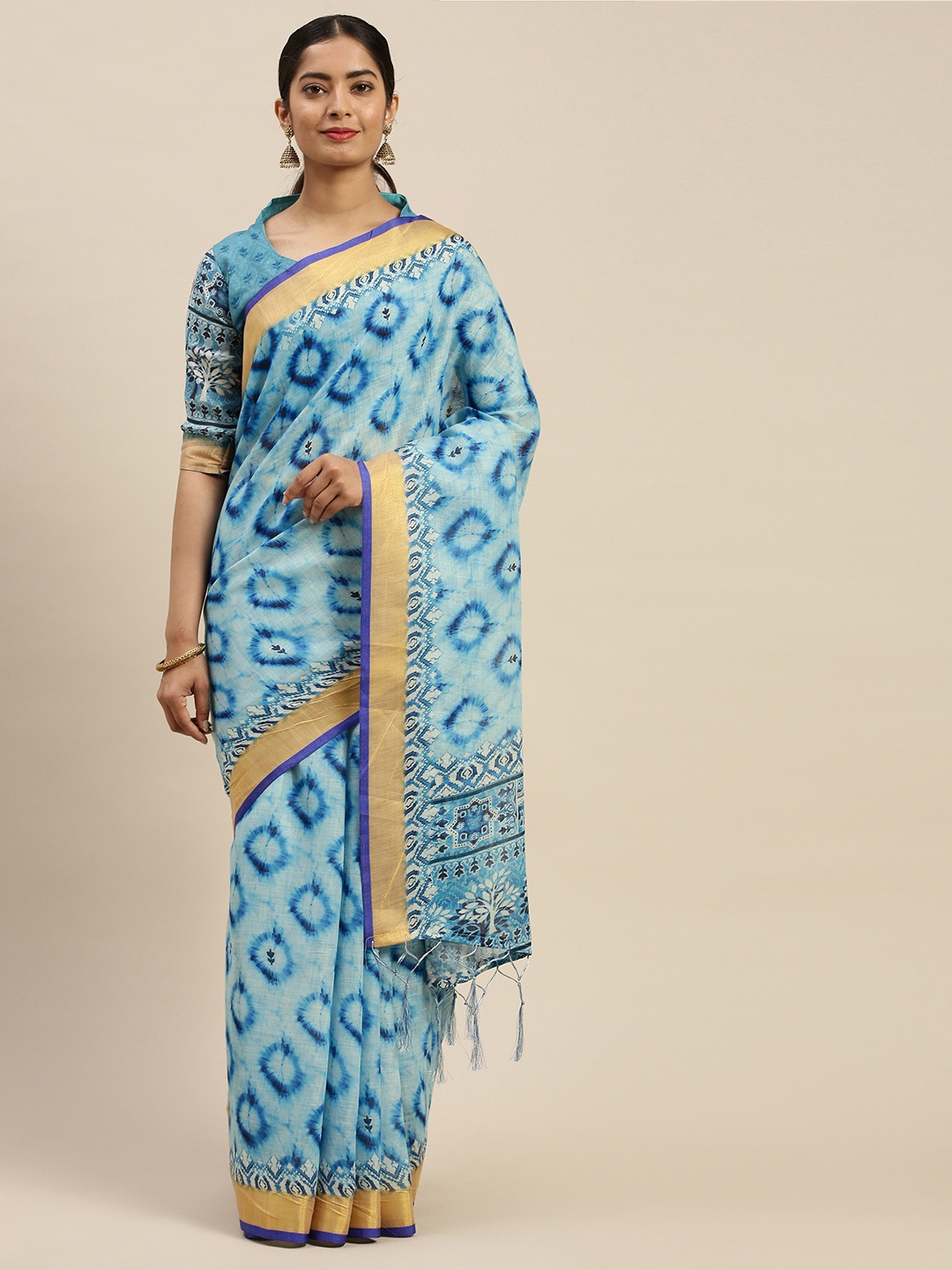 

Saree mall Blue Printed Bagru Saree