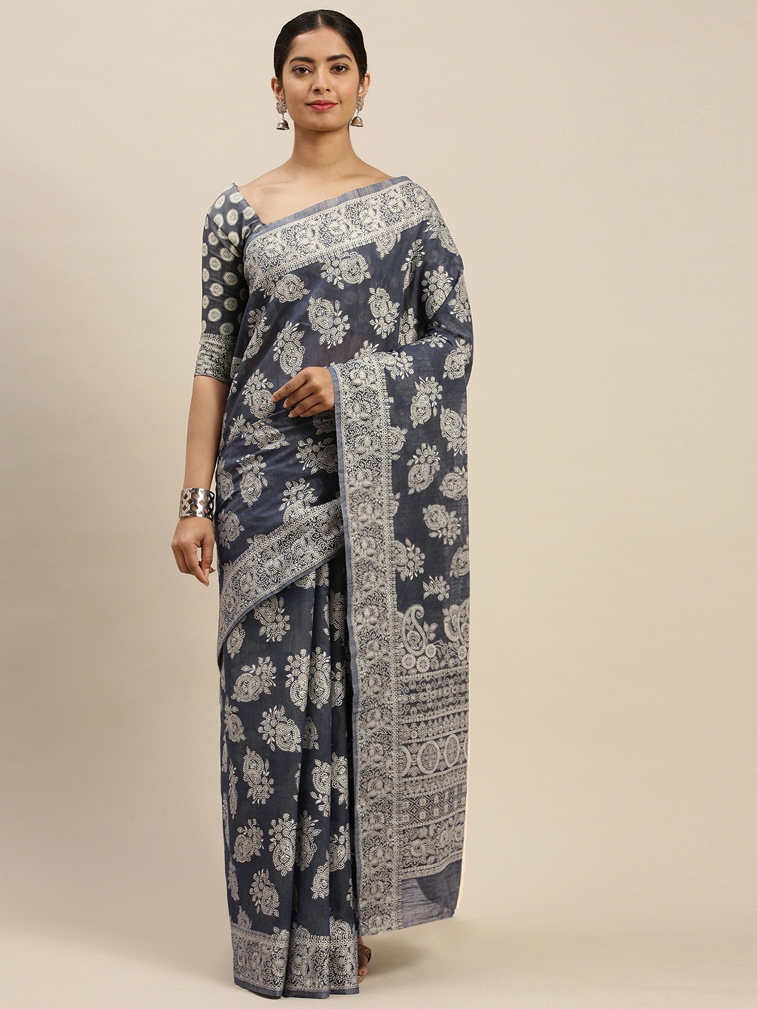 

Saree mall Navy Blue & White Woven Design Muga Saree