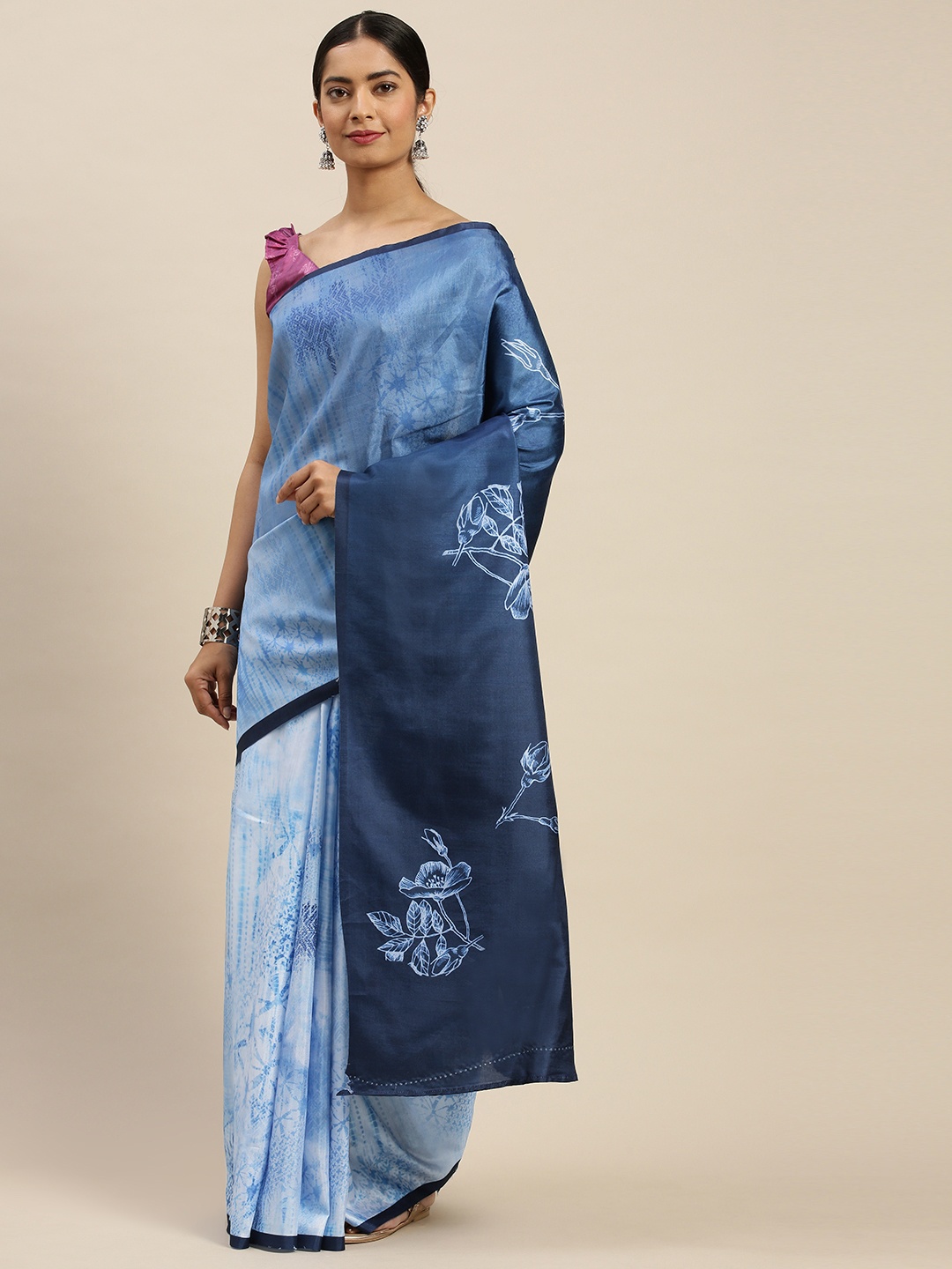 

Saree mall Blue Dola Silk Tie And Dye Printed Bagru Saree