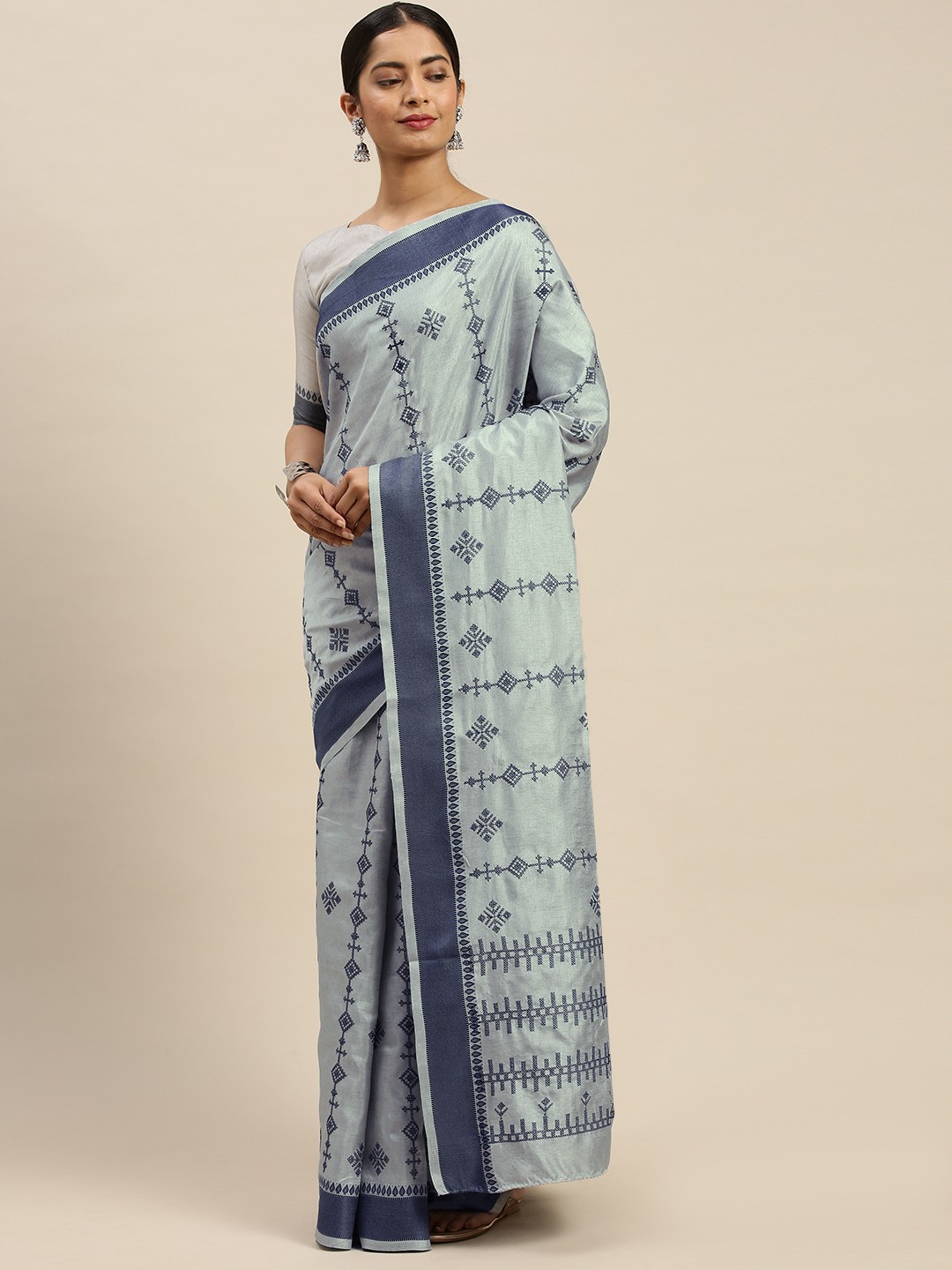 

Saree mall Grey & Navy Blue Embroidered Saree