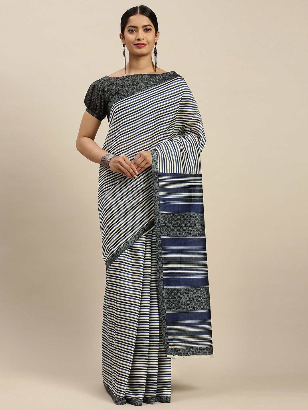 

Saree mall Off-White & Grey Striped Saree