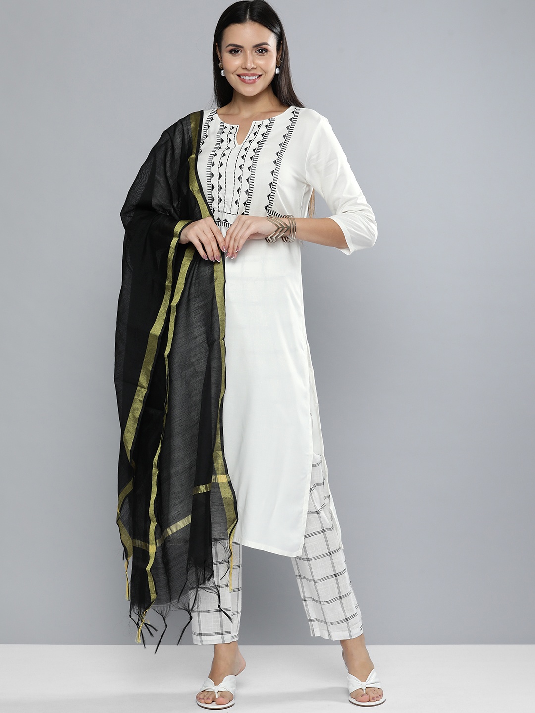

Vishudh Women Off-White Yoke Design Kurta with Trousers & Dupatta