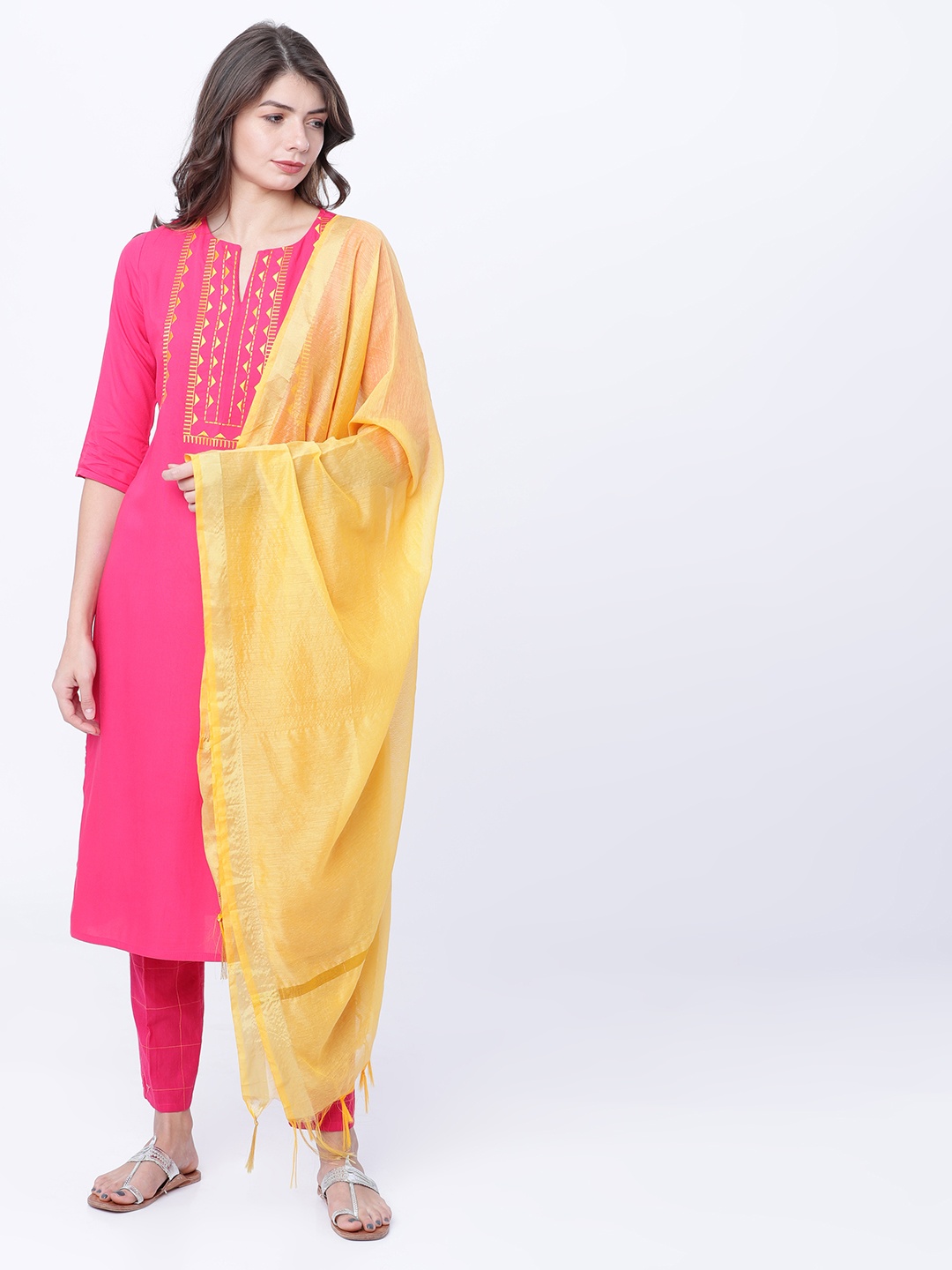 

Vishudh Women Pink Yoke Design Kurta with Trousers & Dupatta