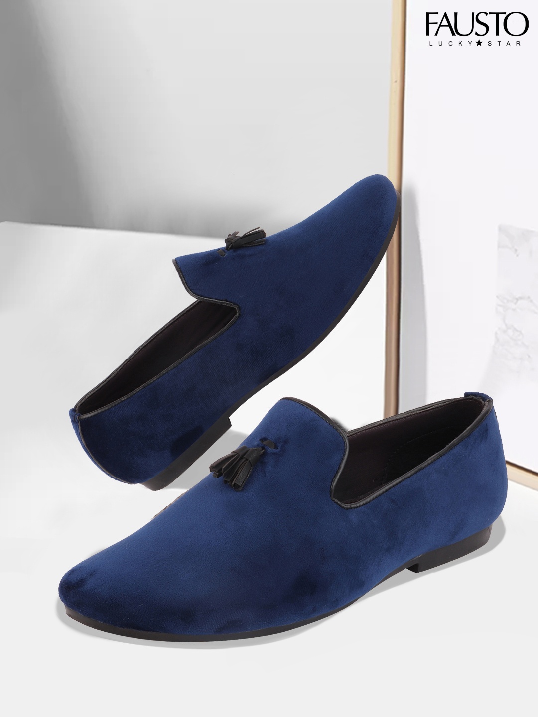 

FAUSTO Men Navy Blue Velvet Tasselled Loafers