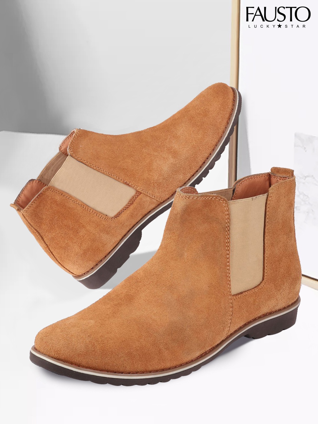 

FAUSTO Men Tan Brown Suede Flat Boots