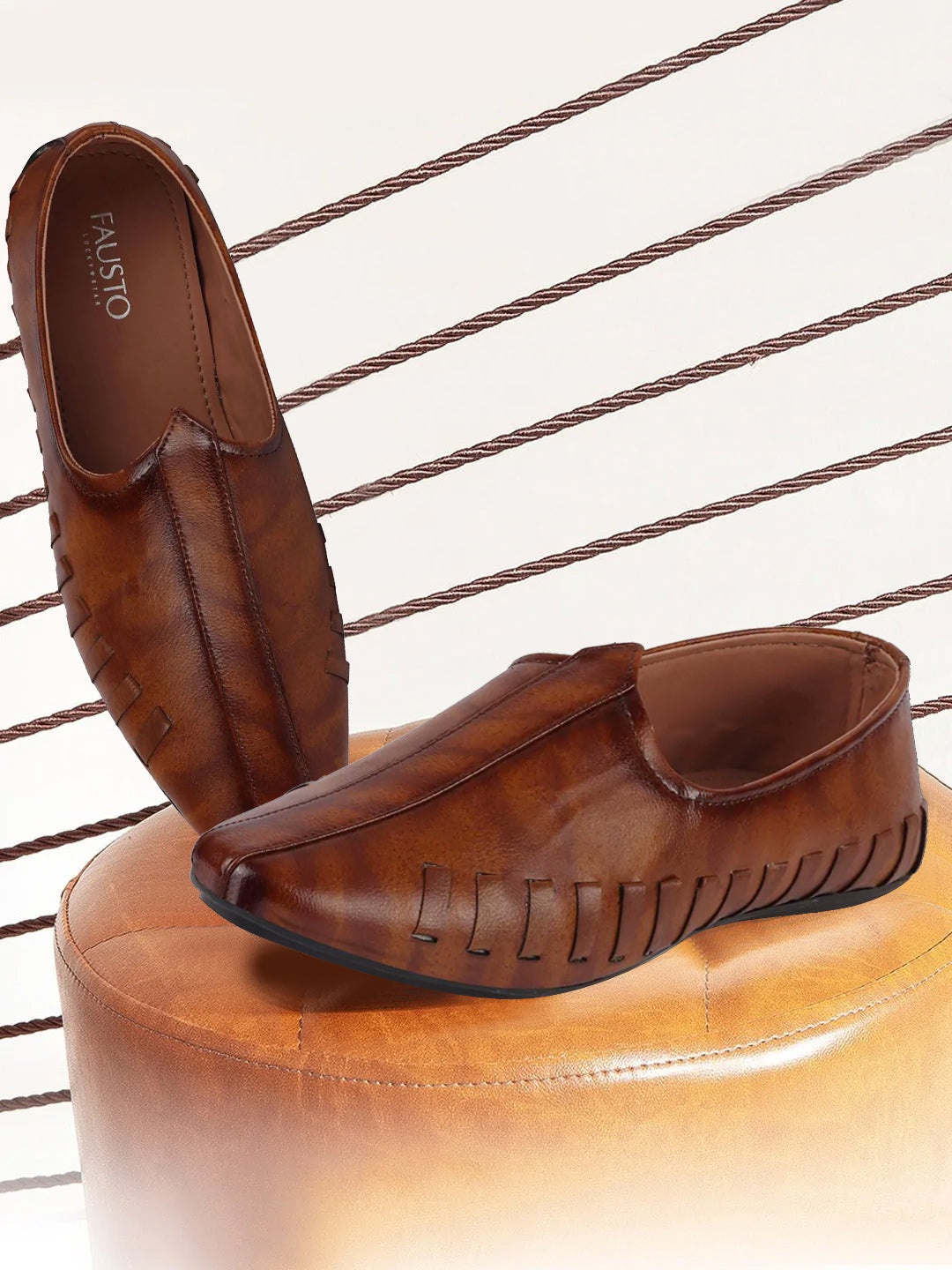 

FAUSTO Men Tan Brown Textured Mojaris