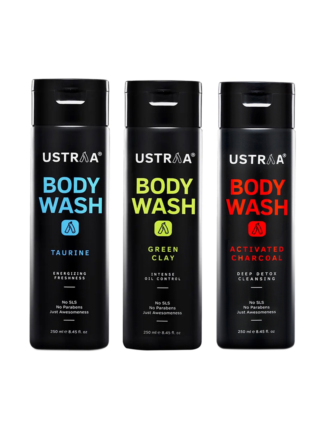 

Ustraa Men Set of 3 Body Washes -Taurine, Activated Charcoal & Green Clay, Black