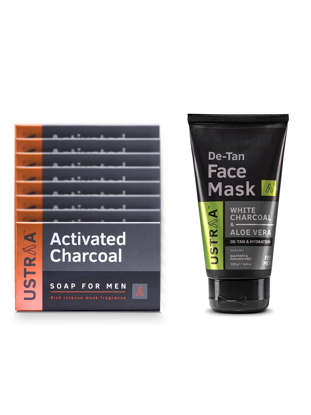 

Ustraa Men Set of 8 Activated Charcoal Soaps & 1 De-Tan Dry Skin Face Mask, Black