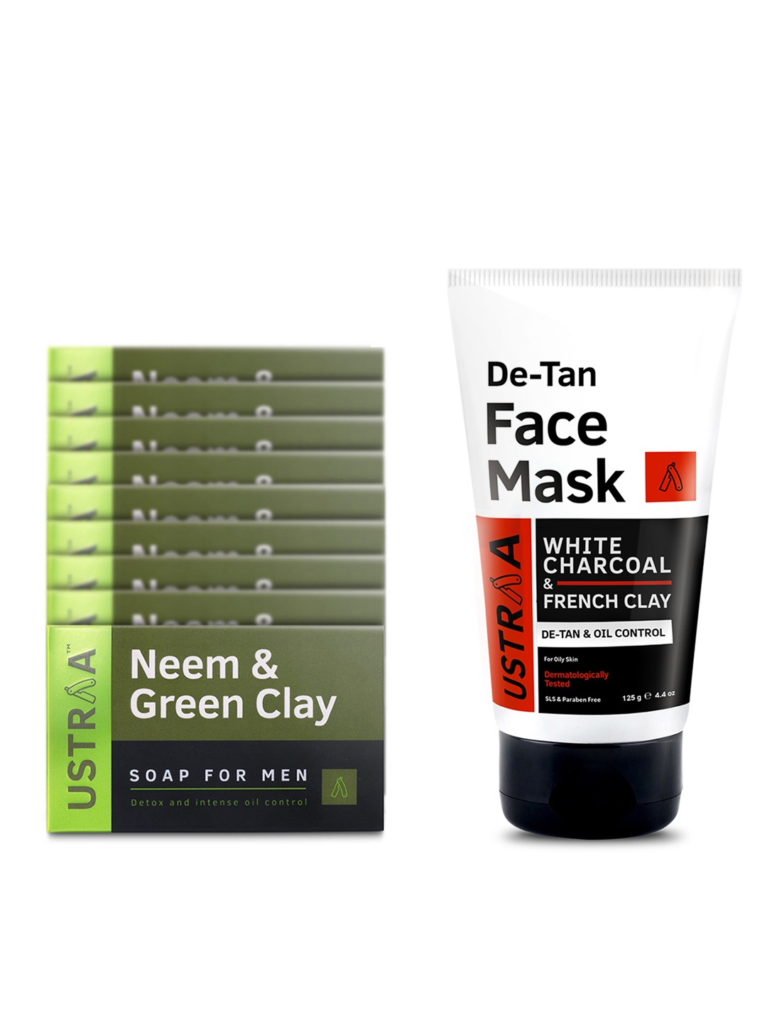 

Ustraa Men Set of 8 Neem & Green Clay Soaps & 1 De-Tan Oily Skin Face Mask, Black