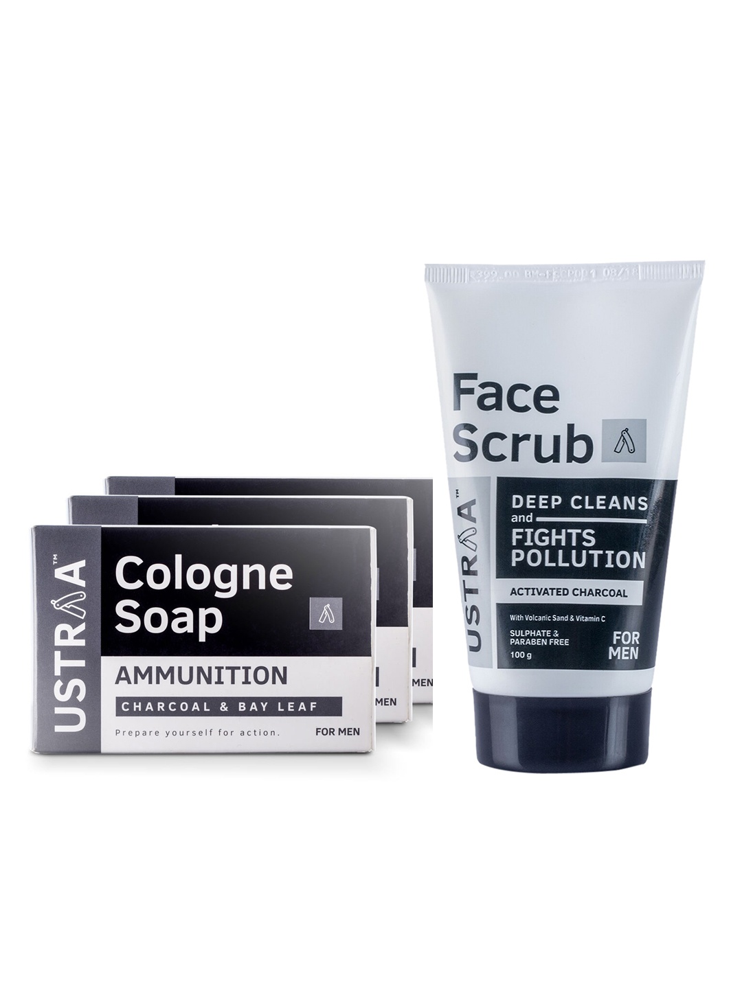 

Ustraa Men Set of 3 Ammunition Cologne Soaps & 1 Activated Charcoal Face Scrub, Black