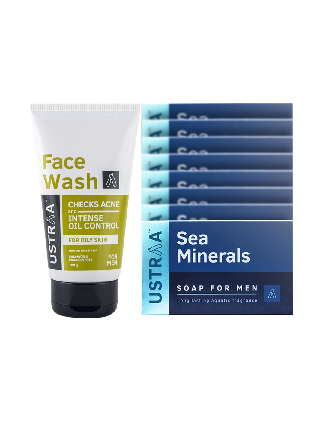 

Ustraa Men Set of 8 Sea Minerals Soaps & 1 Acne & Oil Control Face Wash, Blue
