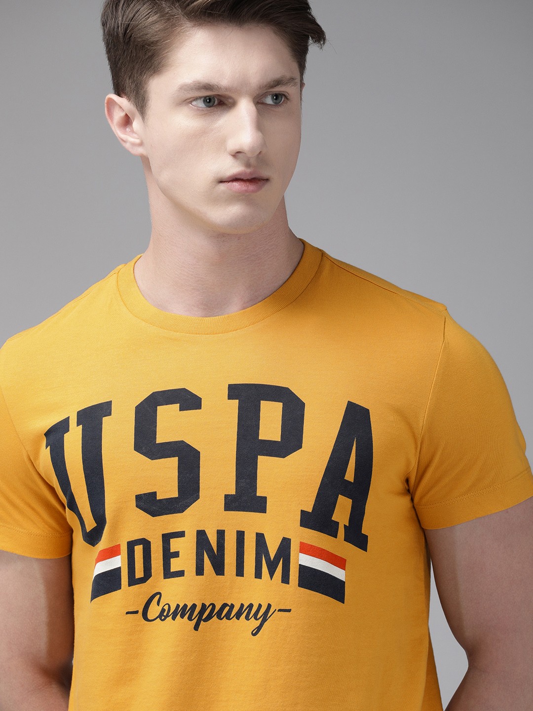 

U.S. Polo Assn. Denim Co. Men Mustard Yellow Printed Round Neck Pure Cotton T-shirt