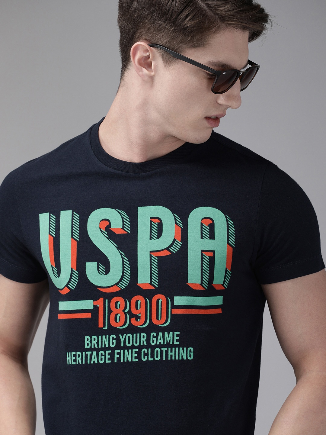 

U.S. Polo Assn. Denim Co. Men Navy Blue Printed Round Neck Pure Cotton T-shirt