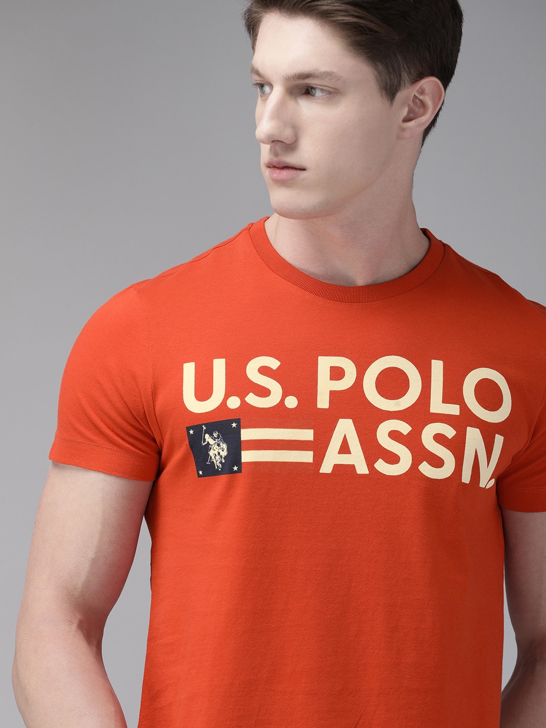 

U.S. Polo Assn. Denim Co. Men Orange Printed Round Neck Pure Cotton T-shirt