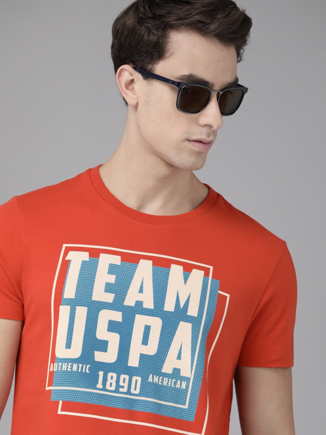 

U.S. Polo Assn. Denim Co. Men Orange Printed Round Neck Pure Cotton T-shirt