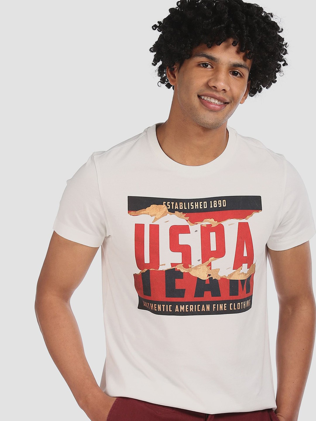 

U.S. Polo Assn. Denim Co. Men White Printed Round Neck Pure Cotton T-shirt