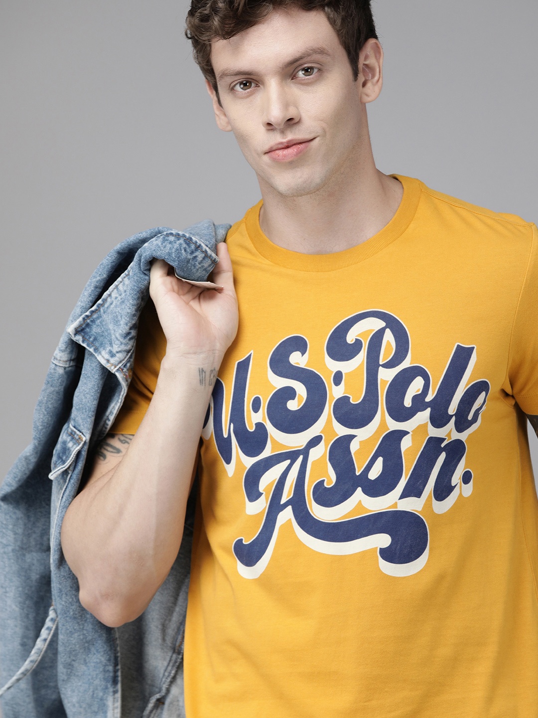 

U.S. Polo Assn. Denim Co. Men Mustard Yellow Printed Round Neck Pure Cotton T-shirt